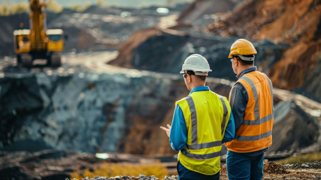 Two engineers in hard hats and safety vests are inspecting a mining site.